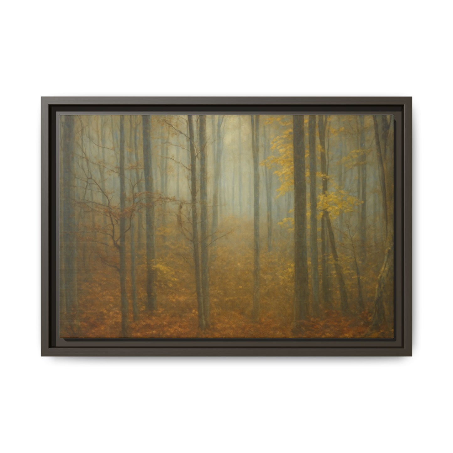 Framed matte canvas wall art of a misty autumn forest scene, featuring vibrant fall colors and detailed trees.
