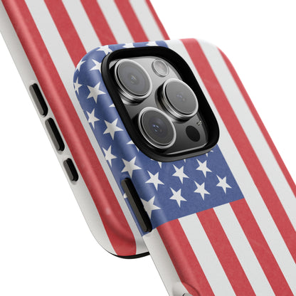 American flag tough phone case for iPhone and Samsung, patriotic protective cover with bold flag design by Printify