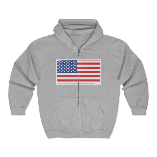Unisex American flag full-zip hoodie by Printify with patriotic design, front zipper and comfortable fit, ideal for casual wear.