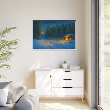 Winter cabin canvas wall art by Printify showing a cozy cabin in a snowy forest during evening, matte framed for home decor.