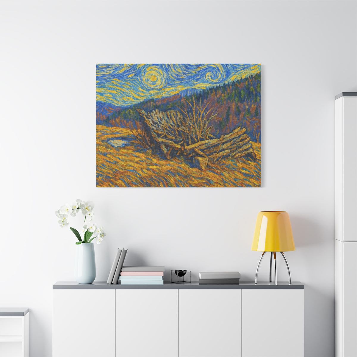 Impressionist Starry Landscape canvas print by Printify featuring a vibrant night sky scene with stars and rolling hills.