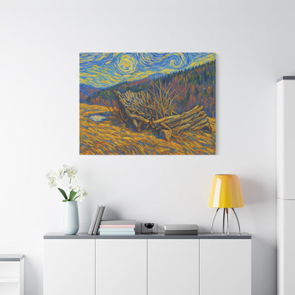 Impressionist Starry Landscape canvas print by Printify featuring a vibrant night sky scene with stars and rolling hills.