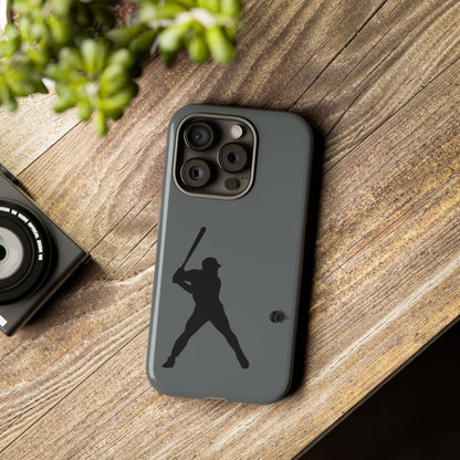Black phone case with a white baseball silhouette design, protective sporty iPhone cover by Printify.
