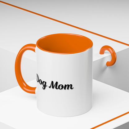 Dog Mom Accent Coffee Mug — white ceramic coffee mug with retro script "Dog Mom" print, colored interior and C-handle, 11oz/15oz, top-down view