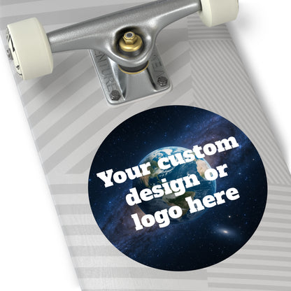 Custom Earth Space design round vinyl sticker with space-themed artwork, ideal for decorating notebooks and laptops.