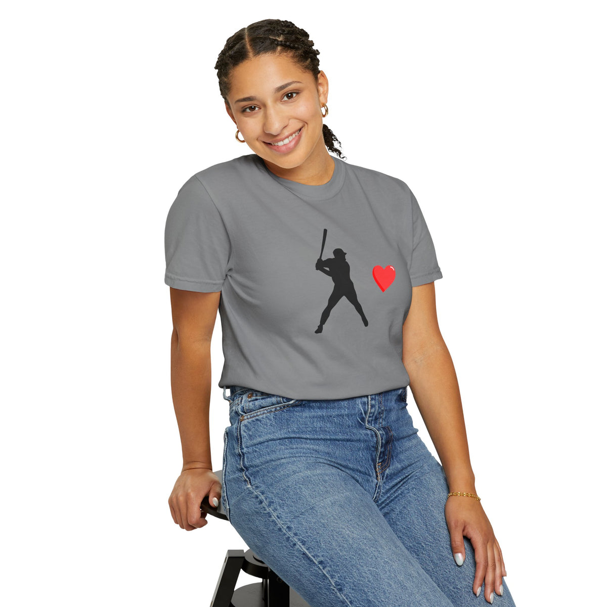 White baseball batter heart T-shirt by Printify featuring a graphic of a batter swinging a baseball bat on the front.
