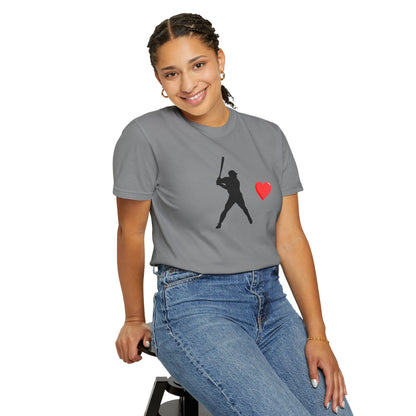 White baseball batter heart T-shirt by Printify featuring a graphic of a batter swinging a baseball bat on the front.