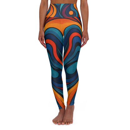 Colorful high-waisted yoga leggings with all-over vibrant print, designed for activewear and comfortable movement.