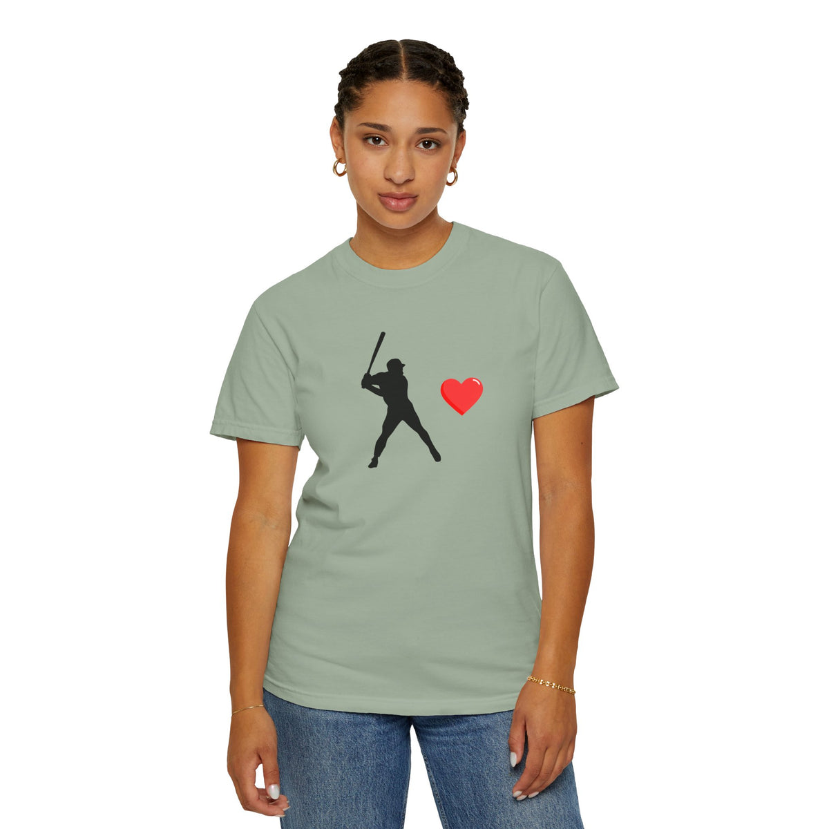 Printify baseball batter heart T-shirt showing a graphic of a batter swinging with a heart design in the background.