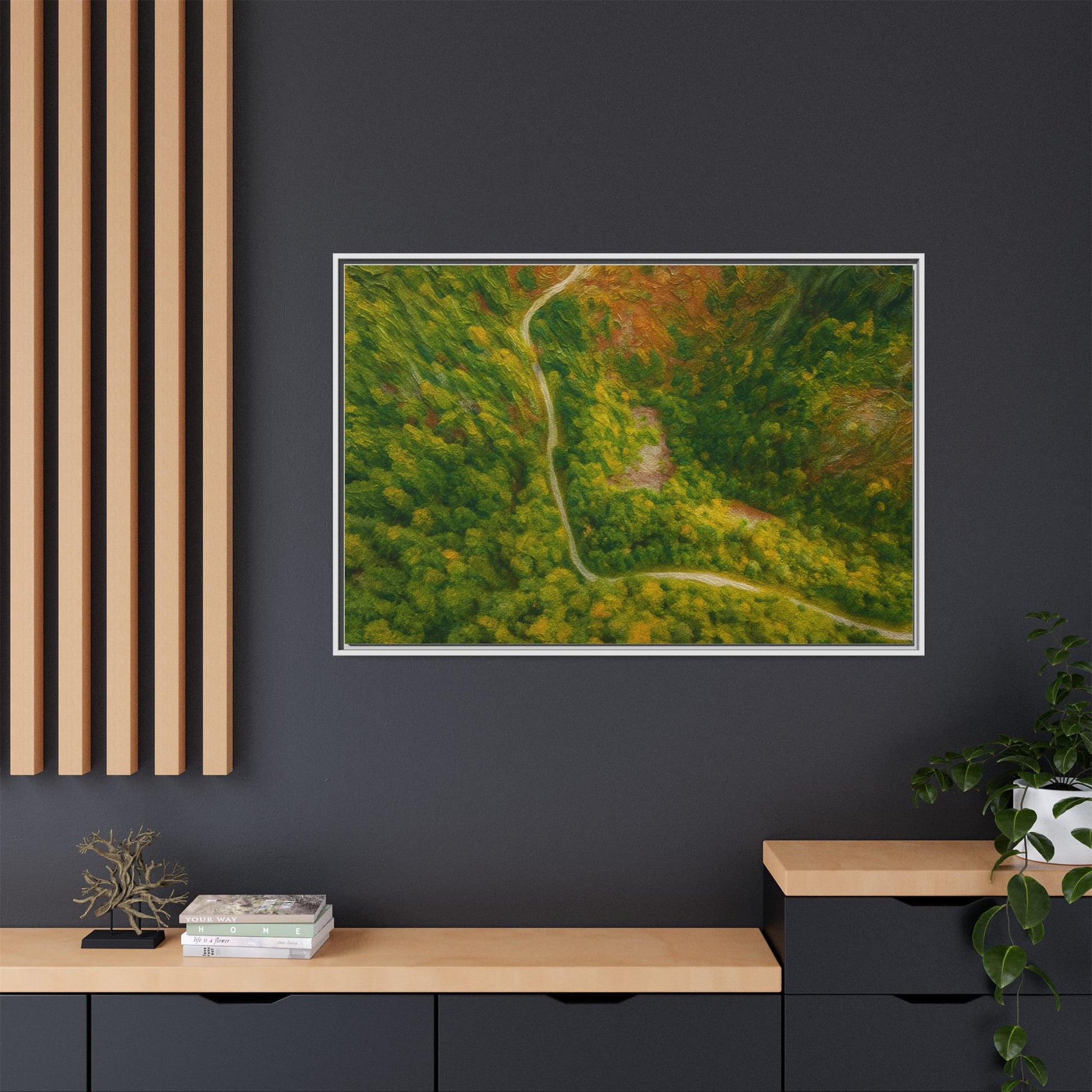 Colorful framed matte canvas wall art featuring an aerial view of a forest path landscape by Printify.