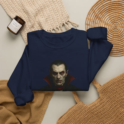 Printify vampire portrait crewneck sweatshirt featuring a detailed vampire illustration on a comfortable, casual sweatshirt.