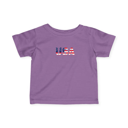 Infant baby shirt with USA flag block print, colorful kids clothes by Printify, featuring patriotic design on soft fabric.