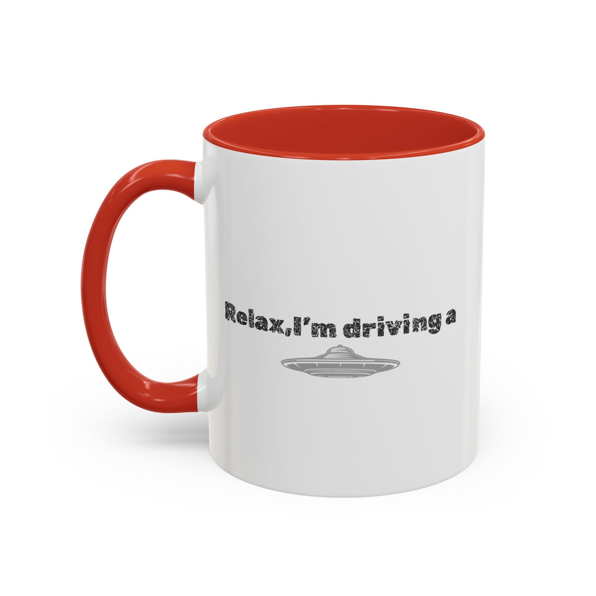 Ceramic coffee mug with UFO alien design and "Relax, I’m Driving" text, available in 11 or 15 oz sizes by Printify.