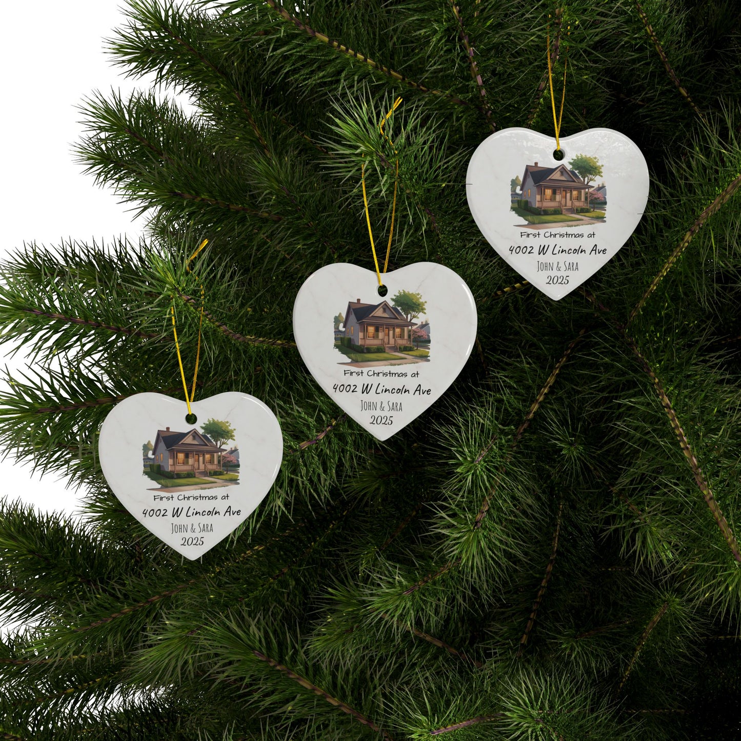 Personalized ceramic ornament with custom house illustration, address, and names on both sides, ideal for Christmas decoration.