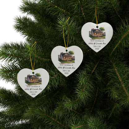 Personalized ceramic ornament with custom house illustration, address, and names on both sides, ideal for Christmas decoration.