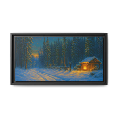 Cozy winter cabin matte framed canvas wall art featuring a snowy forest scene during evening, ideal for winter home decor.