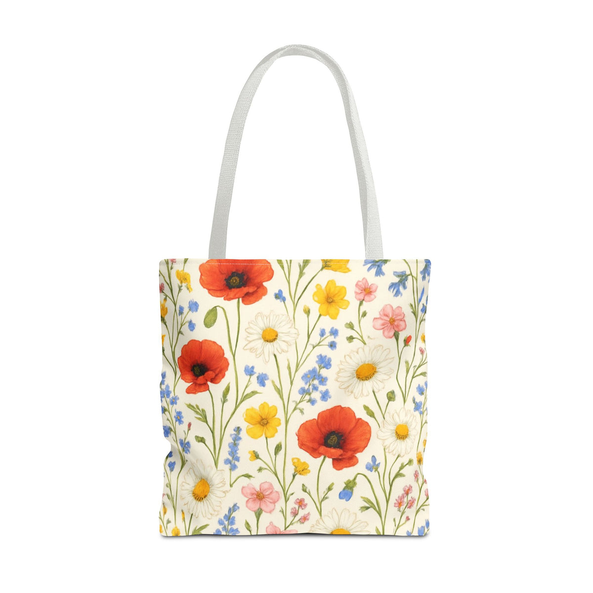 Wildflower Poppy print tote bag with floral all-over pattern from Printify, showcasing a spacious fabric bag with vibrant poppy designs.