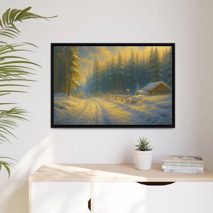 Framed winter cabin canvas print featuring a snowy forest sunset, ideal as wall art for cozy, nature-inspired decor.