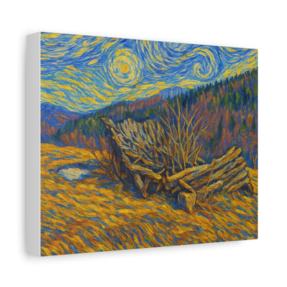 Impressionist Starry Landscape canvas print by Printify, featuring a vibrant night sky with stars and a scenic landscape.