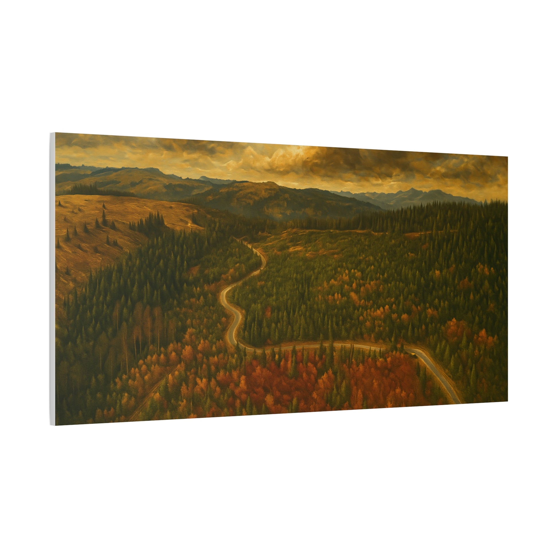 Moody forest landscape on autumn ridge road matte stretched canvas wall art by Printify, featuring moody trees and forest scenery.