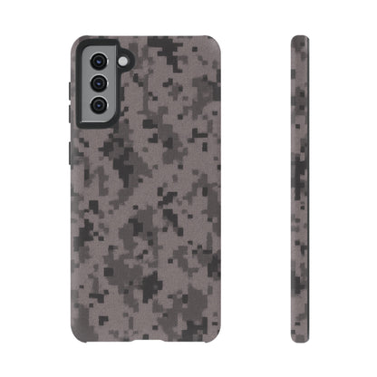 Gray digital camouflage phone case by Printify, tough protective cover fitting smartphones with a rugged camo design.