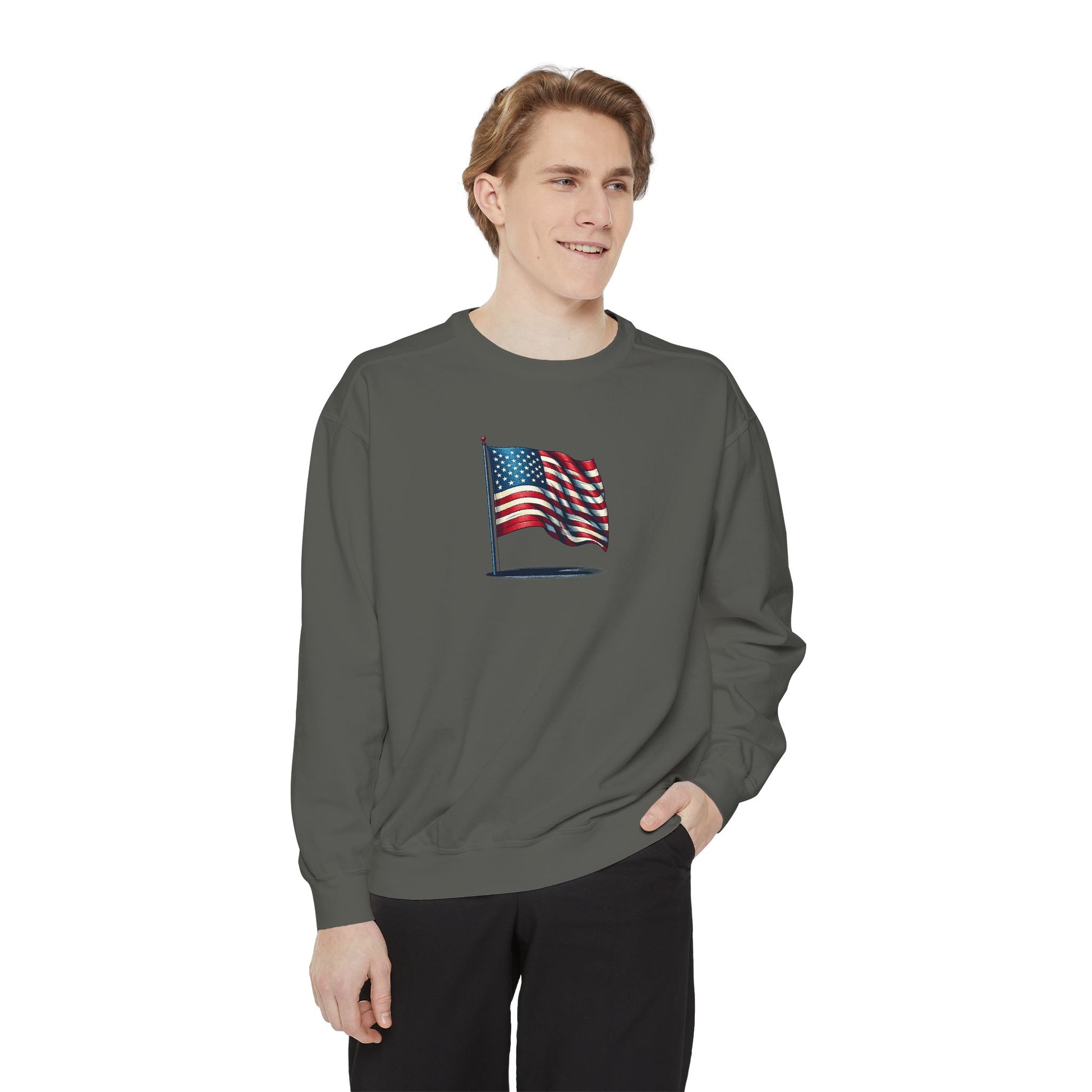 Patriotic Unisex Garment-Dyed Sweatshirt with Vintage American Flag, Cozy Fall Outfit, Statement Sweater, Gift for Veterans, Casual Fashion - TRV