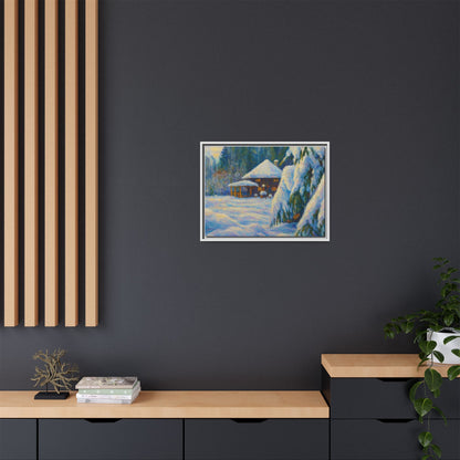 Framed matte canvas print of a snowy cabin winter landscape wall art by Printify, featuring a cozy cabin in a snow-covered forest.