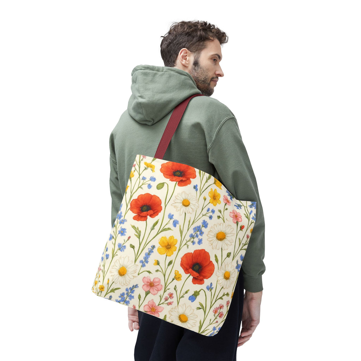 Wildflower Poppy print tote bag by Printify featuring a colorful floral all-over pattern and sturdy bag design.
