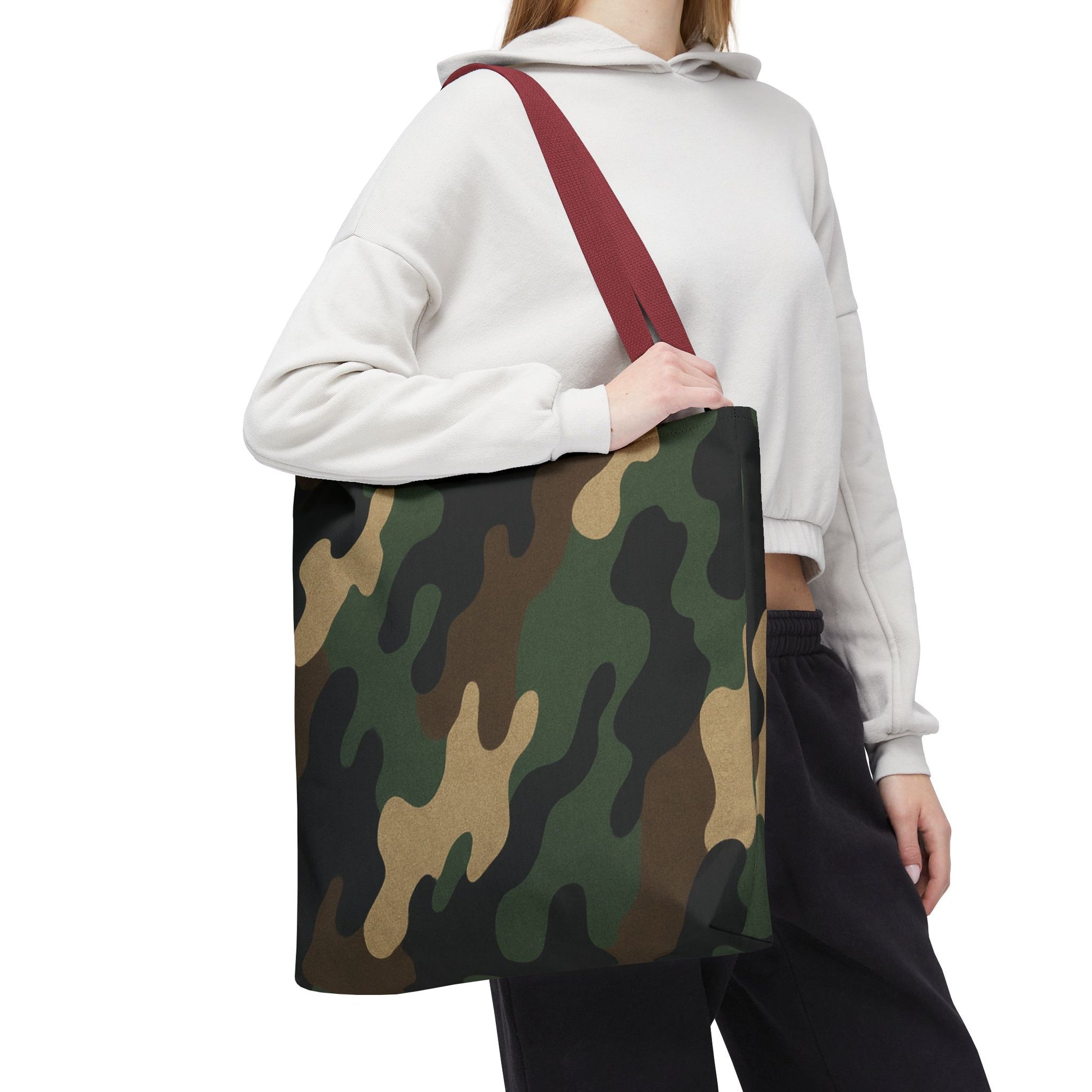 Camo pattern tote bag by Printify with all-over print canvas design, featuring sturdy handles and spacious interior for carryall use.