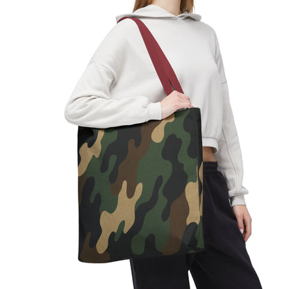 Camo pattern tote bag by Printify with all-over print canvas design, featuring sturdy handles and spacious interior for carryall use.