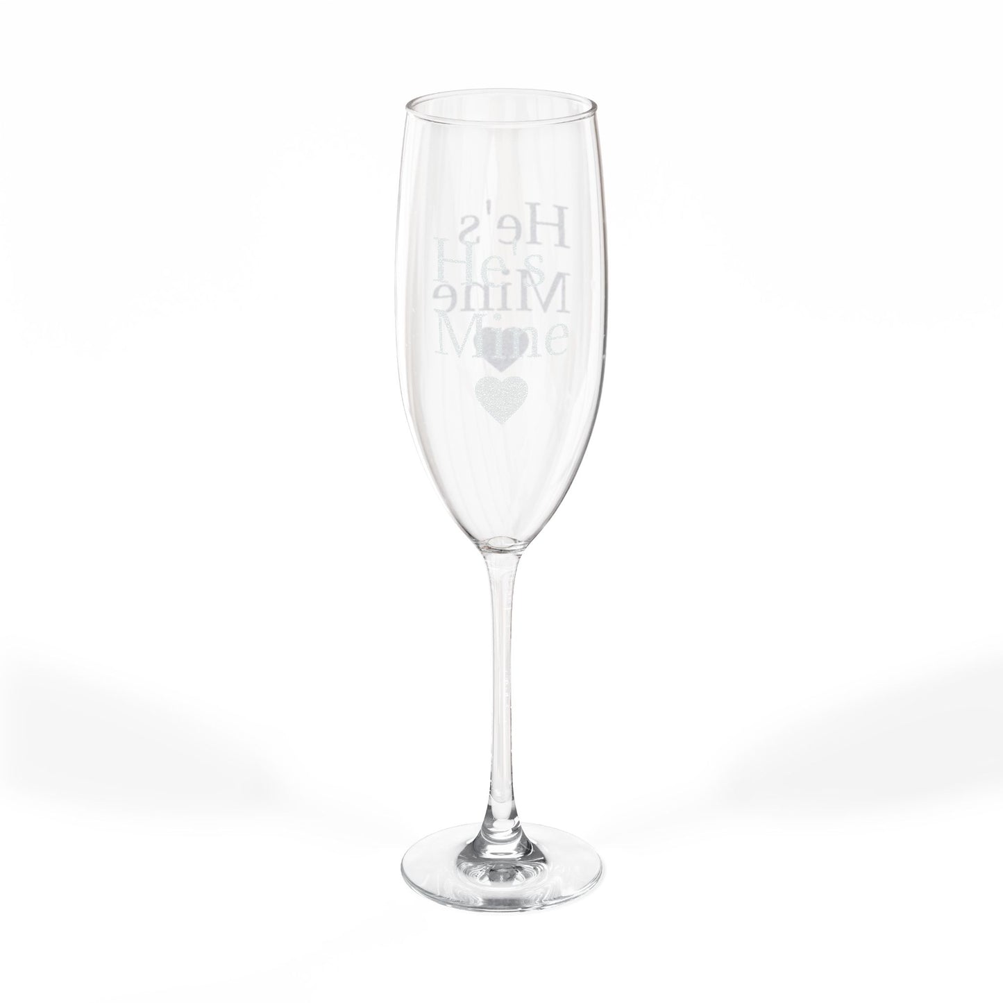 Engraved 8oz Champagne Flute — "He's Mine" Heart Wedding Toast Glass