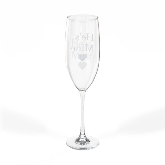 Engraved 8oz Champagne Flute — "He's Mine" Heart Wedding Toast Glass