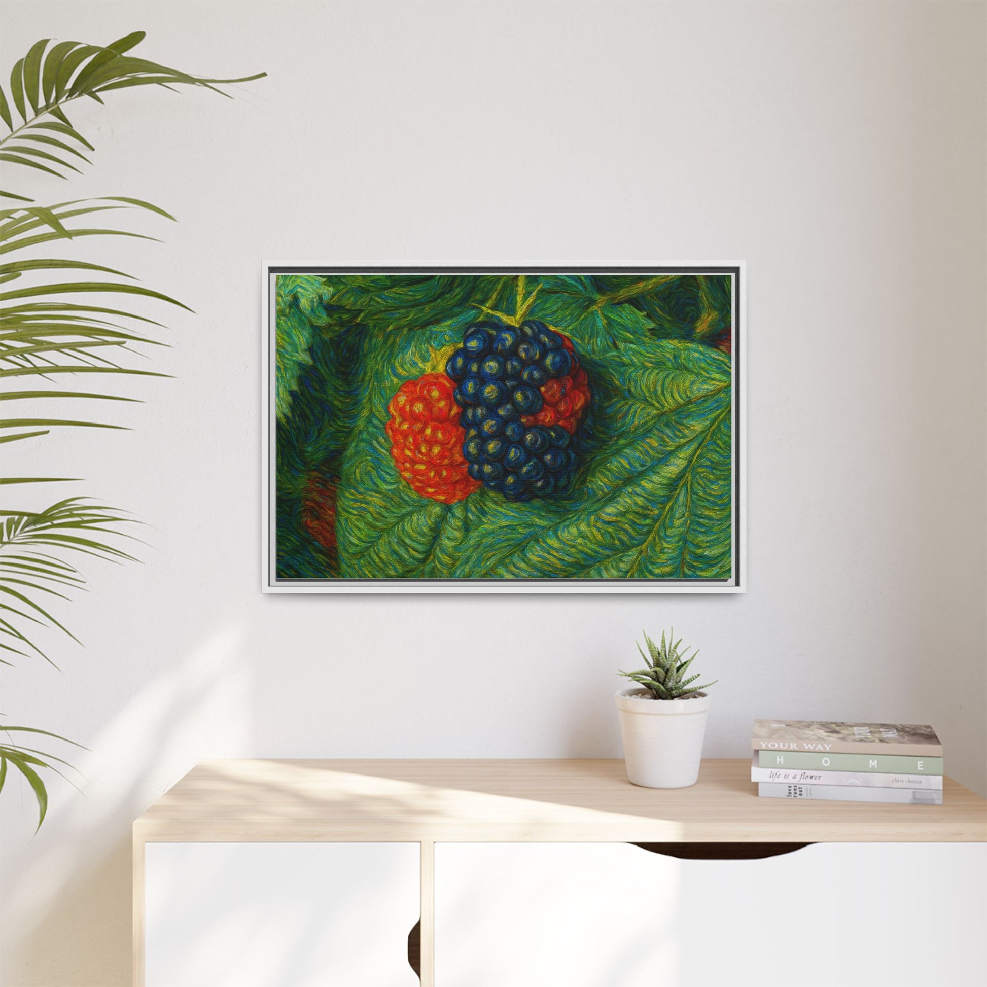 Blackberry still life canvas print by Printify showing a detailed, framed botanical artwork on a canvas surface.