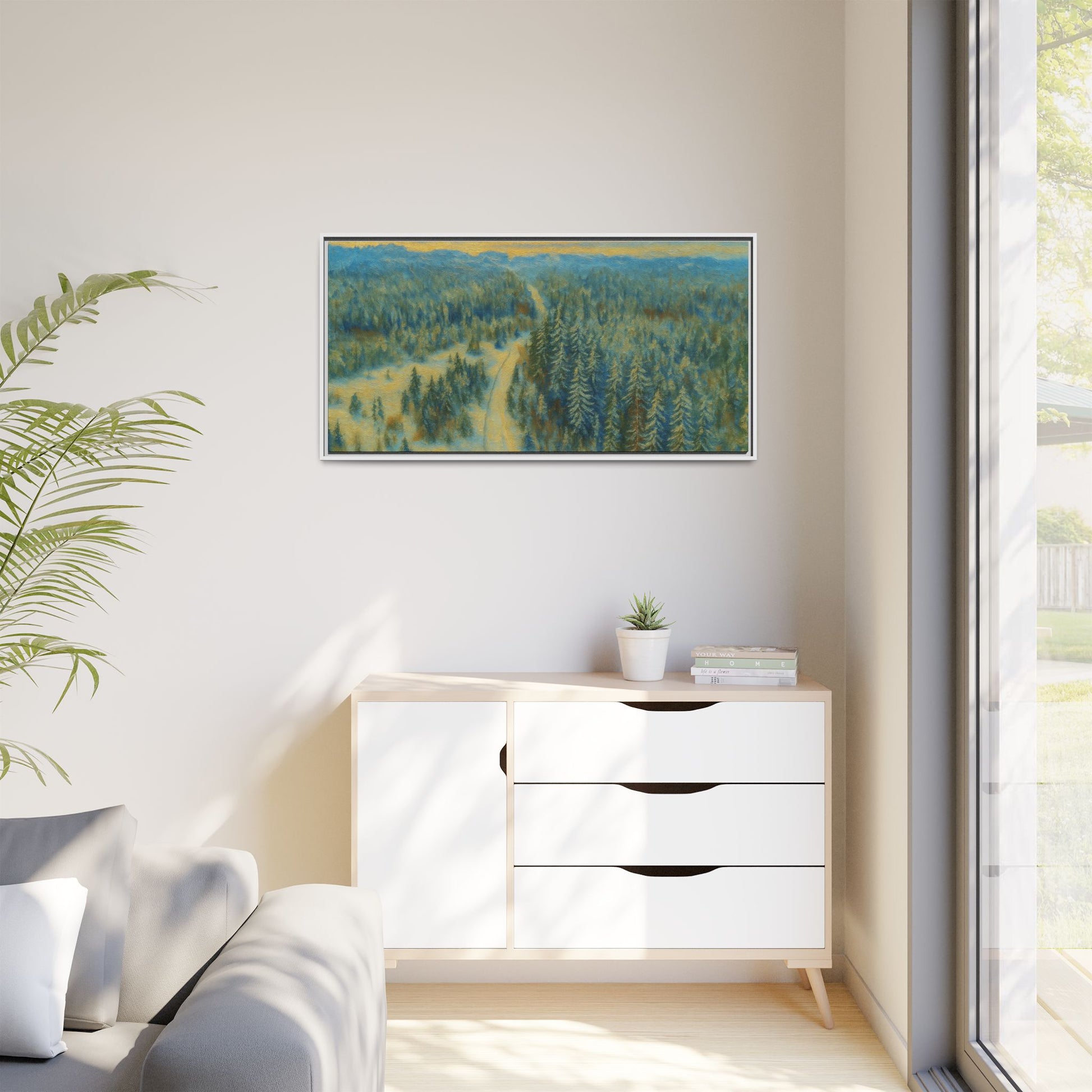 Framed matte canvas print of a serene winter forest landscape, showcasing snow-covered trees and peaceful winter scenery.