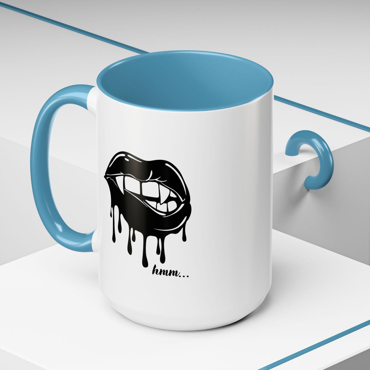 Black dripping lips accent coffee mug with bite graphic, available in 11oz or 15oz sizes, by Printify.