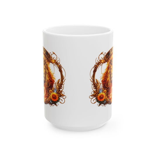 Ceramic Leo zodiac sign illustration mug with detailed lion design, ideal for coffee or tea drinking.