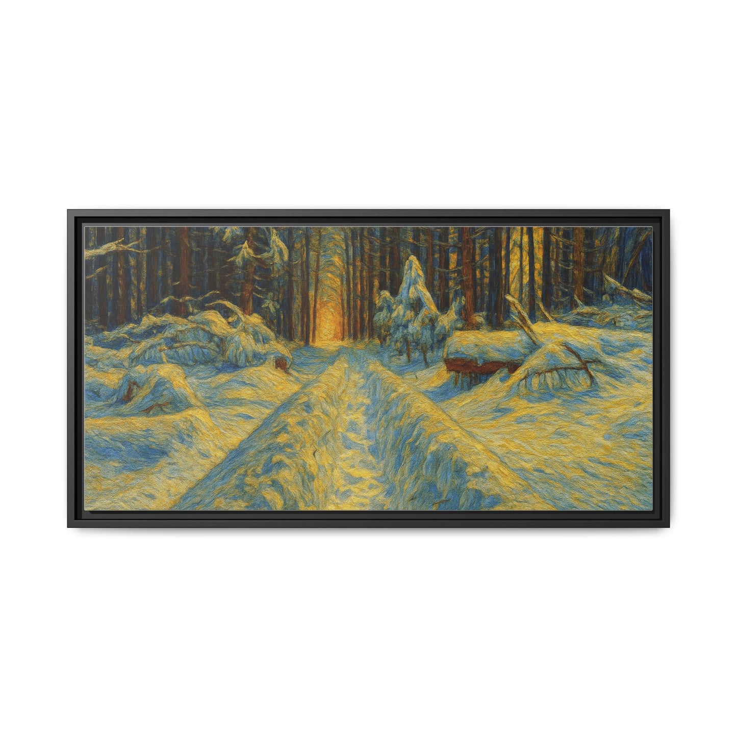 Framed matte canvas print of a snowy forest path during sunset, wall art by Printify showcasing winter landscape scene