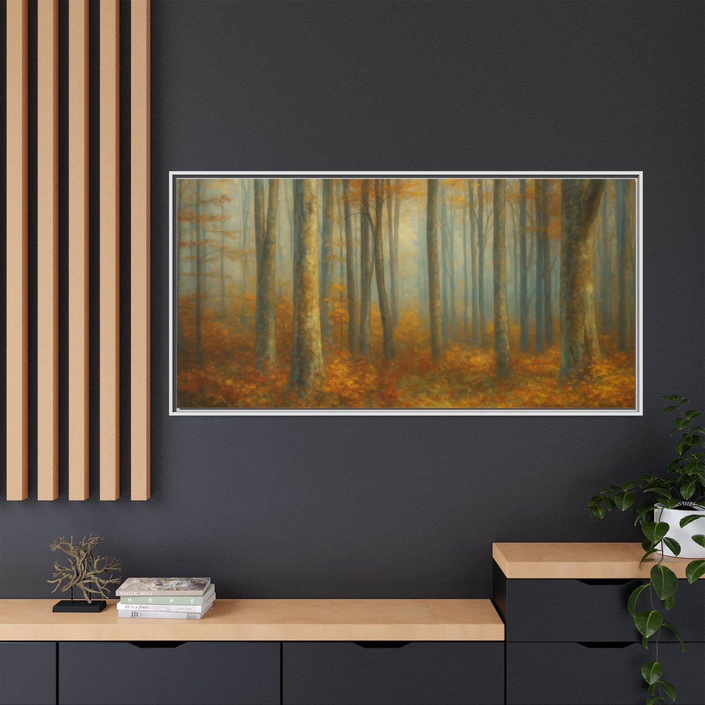 Framed autumn forest canvas print featuring misty woodland scene, wall art by Printify with natural woodland colors.