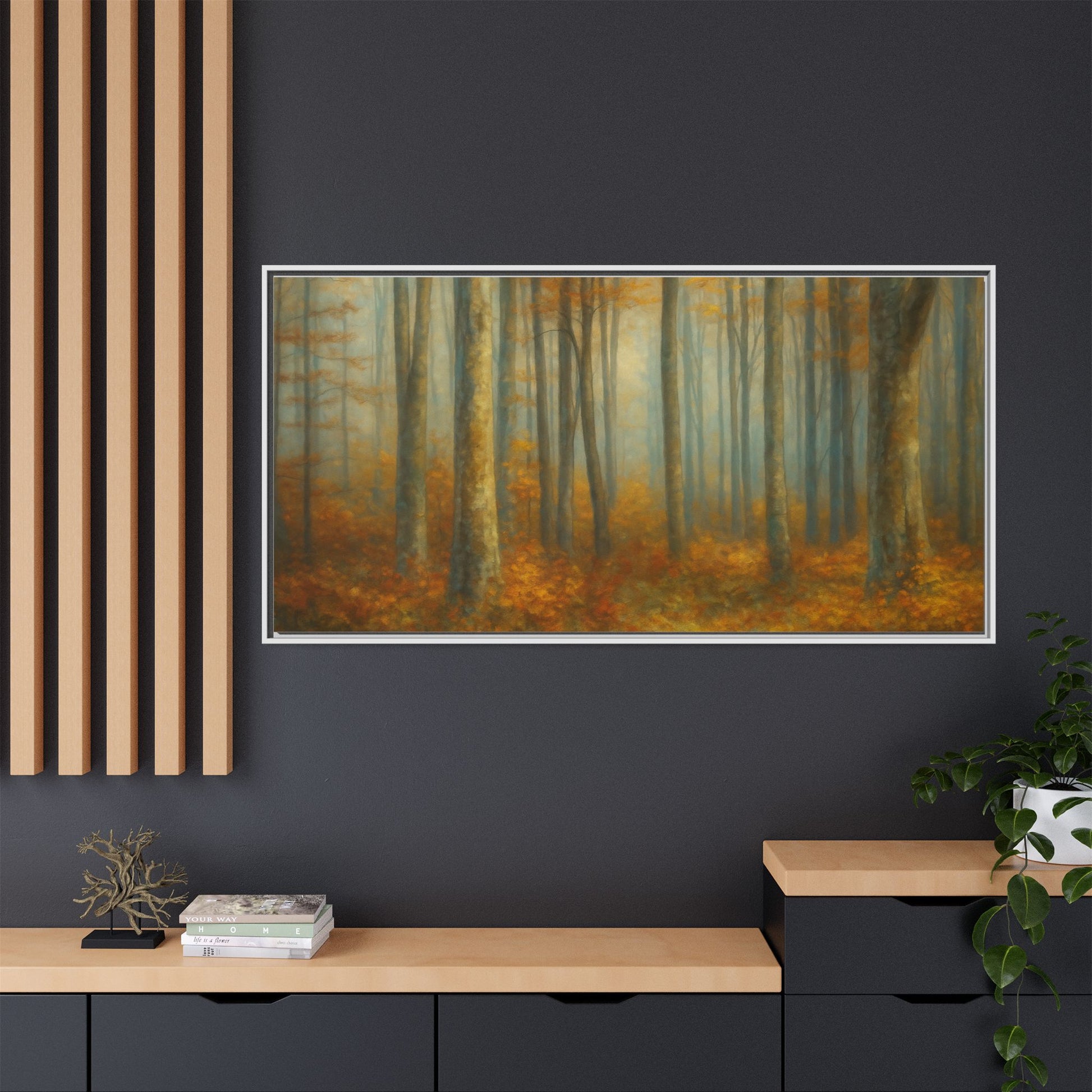 Framed autumn forest canvas print featuring misty woodland scene, wall art by Printify with natural woodland colors.