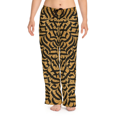 Women's gold and black tribal print pajama pants with all-over print design, cozy lounge sleepwear by Printify