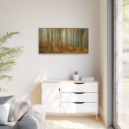 Framed autumn forest canvas print featuring misty woodland scene, wall art by Printify, suitable for nature-inspired home decor.