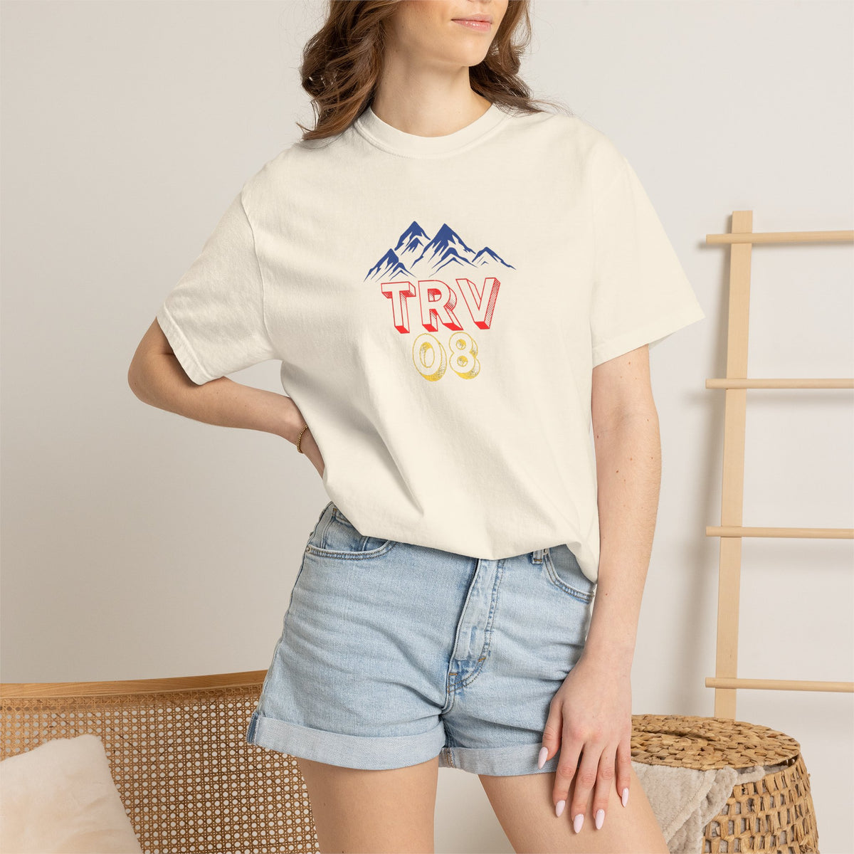 Unisex garment-dyed T-shirt with TRV08 logo by Printify, shown in a casual fit with soft fabric texture.