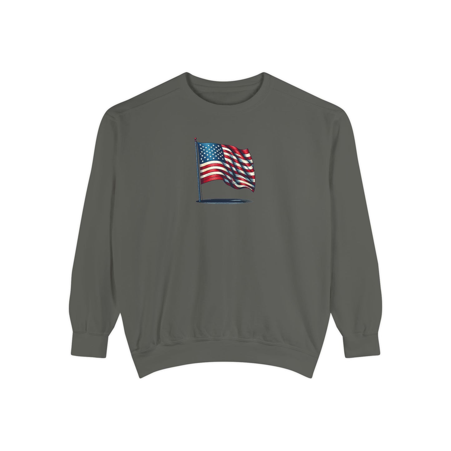Patriotic Unisex Garment-Dyed Sweatshirt with Vintage American Flag, Cozy Fall Outfit, Statement Sweater, Gift for Veterans, Casual Fashion - TRV
