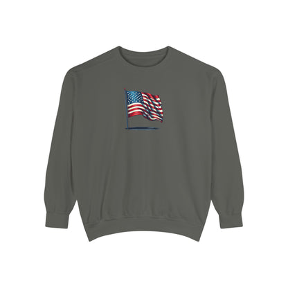 Patriotic Unisex Garment-Dyed Sweatshirt with Vintage American Flag, Cozy Fall Outfit, Statement Sweater, Gift for Veterans, Casual Fashion - TRV