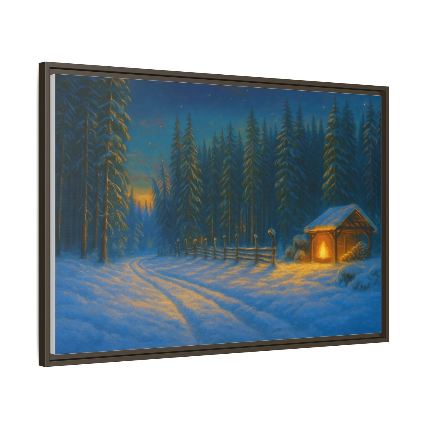 Winter cabin canvas wall art featuring a snowy forest scene in the evening, printed by Printify on matte framed canvas.