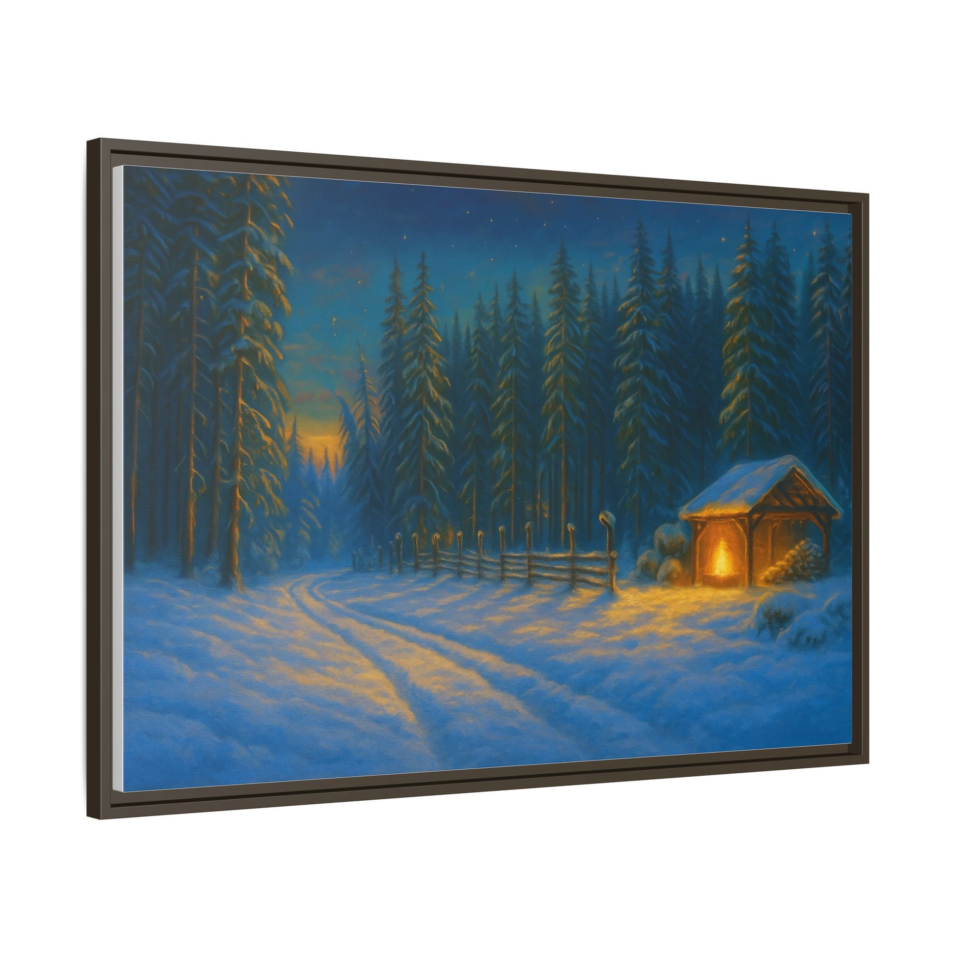 Winter cabin canvas wall art featuring a snowy forest scene in the evening, printed by Printify on matte framed canvas.