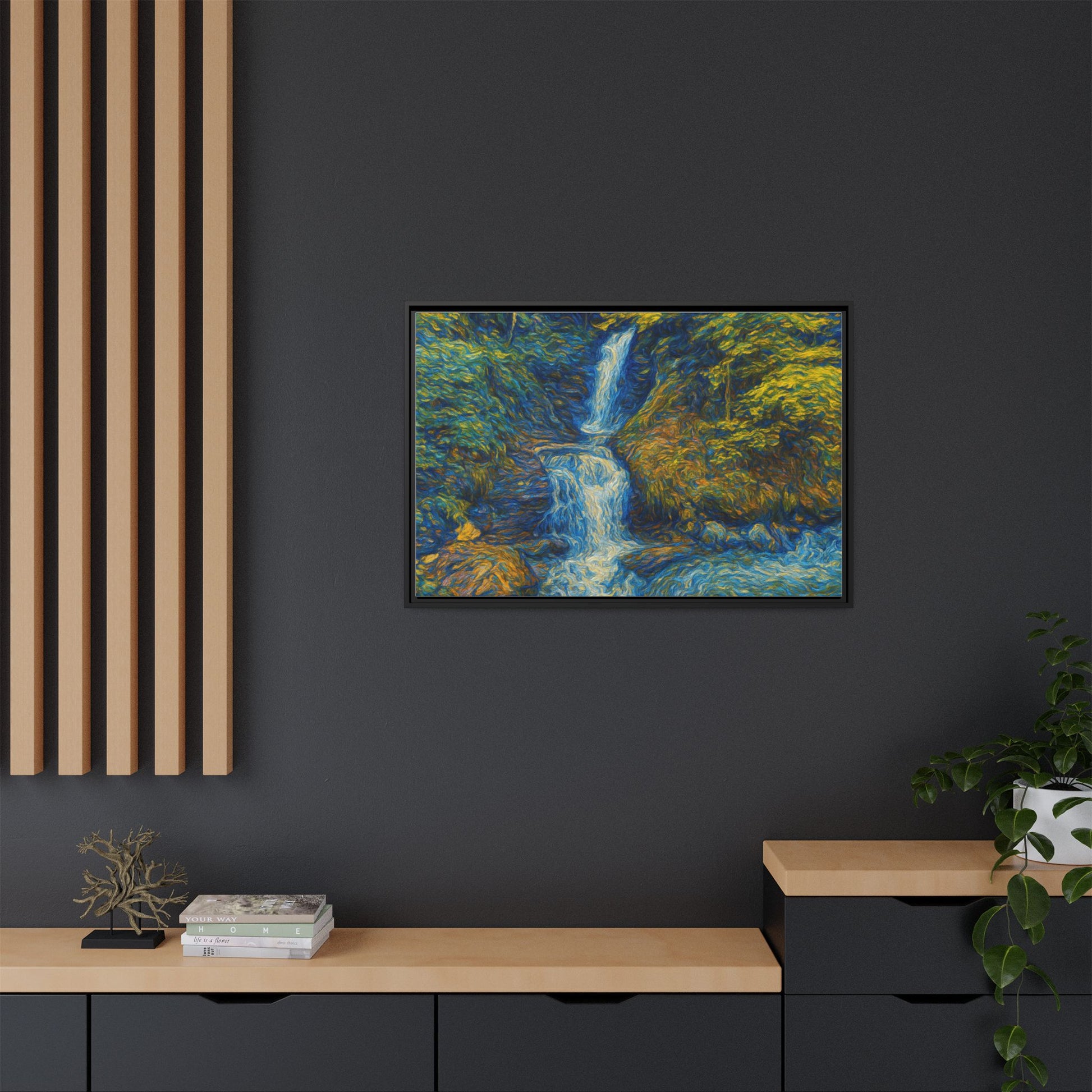 Framed matte canvas print of impressionist waterfall wall art by Printify, showcasing vibrant colors and scenic nature scene.