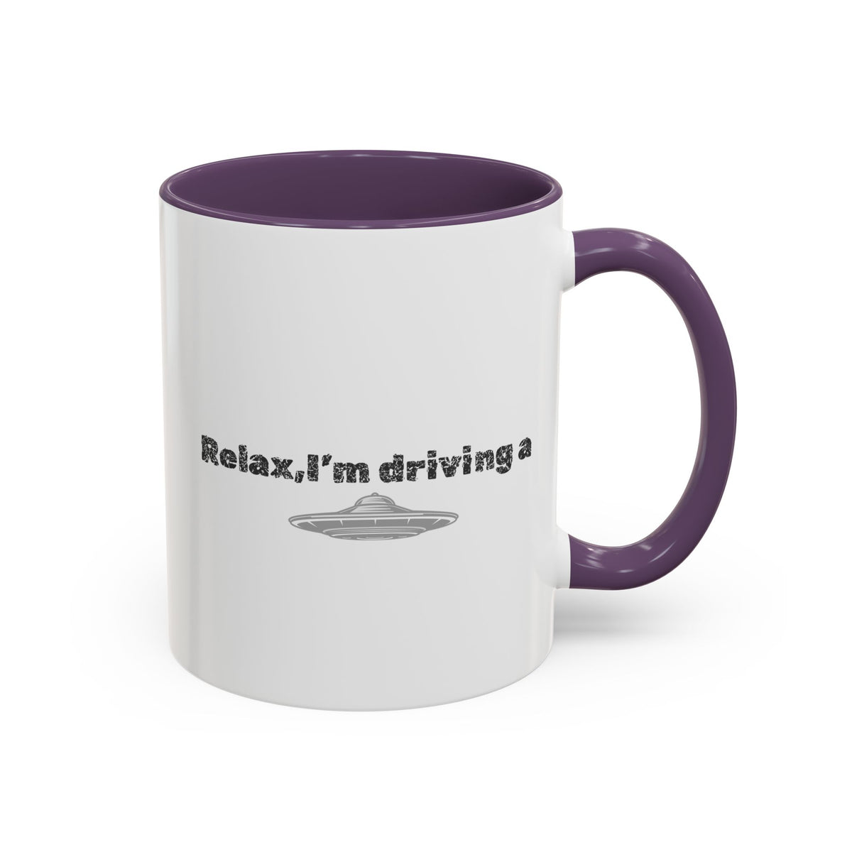 Ceramic coffee mug with UFO accent and "Relax, I’m Driving" text, available in 11 or 15 oz sizes by Printify.