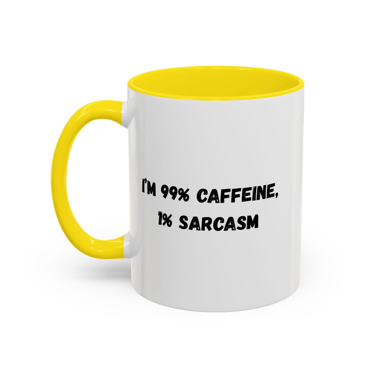 Printify ceramic coffee mug with "I'm 99% Caffeine, 1% Sarcasm" humorous quote, white ceramic mug with black text.