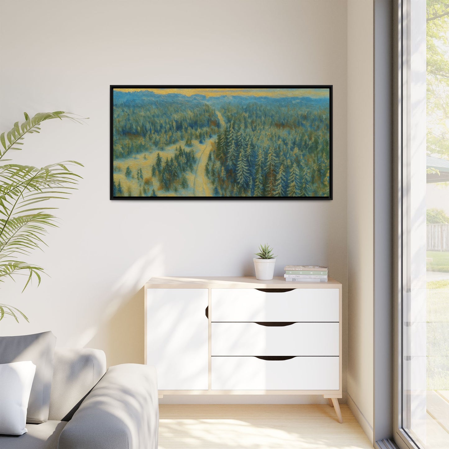 Framed matte canvas print of a serene winter forest landscape, showcasing detailed snow-covered trees and peaceful scenery.